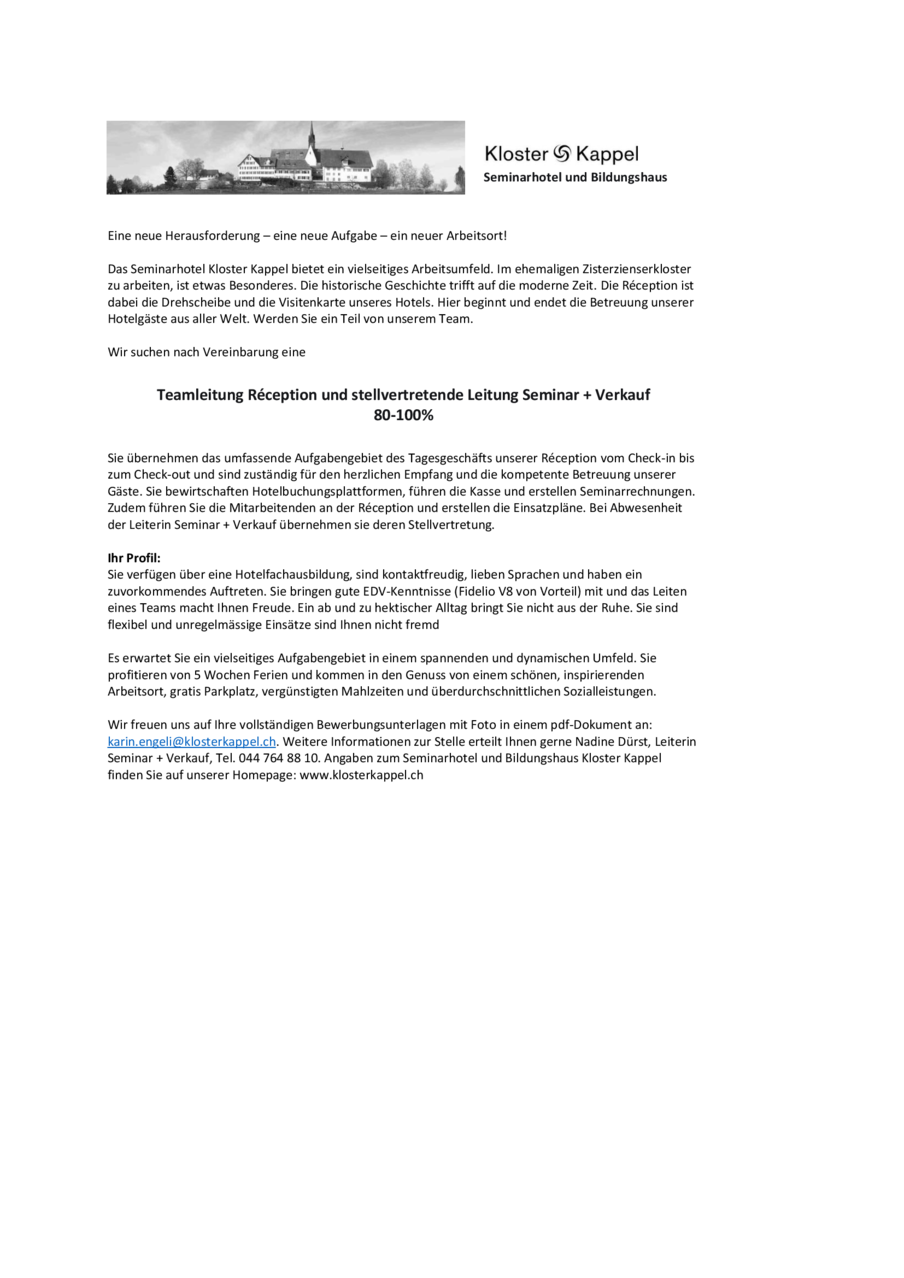 PDF - Teamleitung Réception und stellvertretende Leitung Seminar + Verkauf, 80-100%